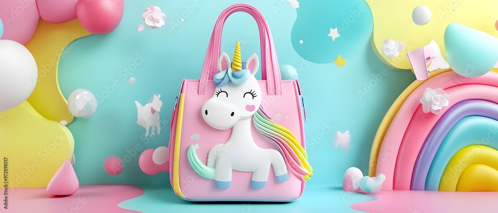 Obraz premium A whimsical unicorn handbag with vibrant colors, perfect for kids and playful fashion lovers, set against a cheerful pastel backdrop.