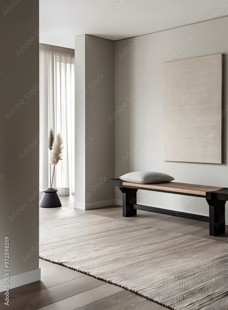 Fototapeta premium Minimalist Interior Design With Wooden Bench and Rug