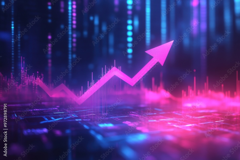 A digital background with a glowing arrow pointing up and a stock market chart in dark blue, purple, and pink colors. A digital background with a glowing arrow pointing up and a stock market chart in dark blue, purple, and pink colors.
