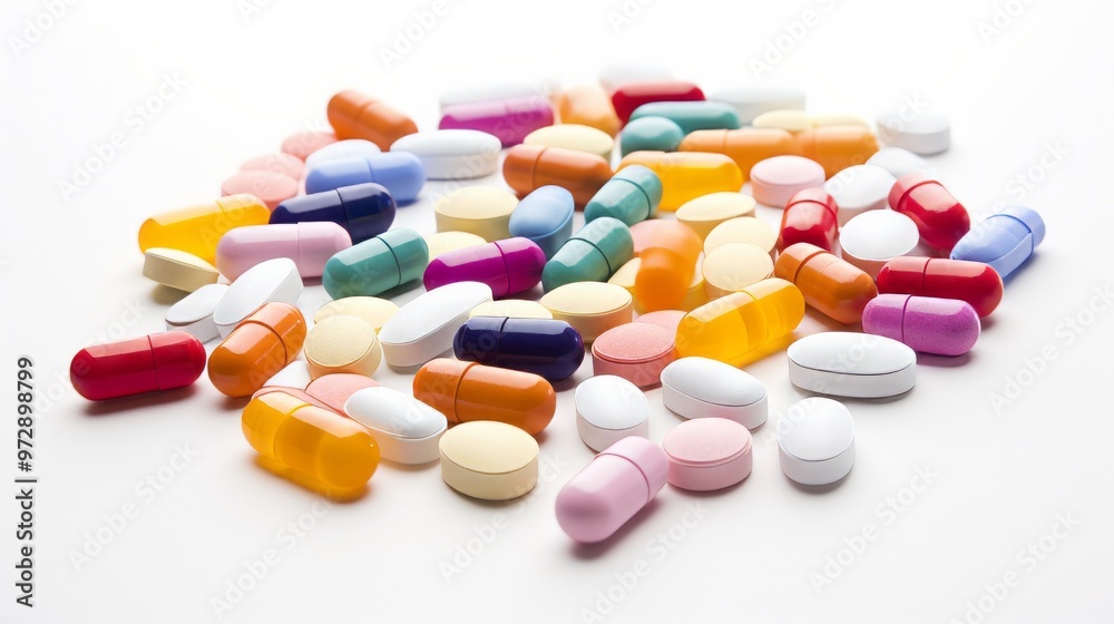 Many colored capsule pills on white background. Neural network ai generated art Many colored capsule pills on white background. Neural network ai generated art