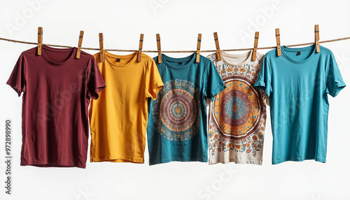 Close-up of colorful t-shirts hanging on a clothesline against a plain white background.






 photo