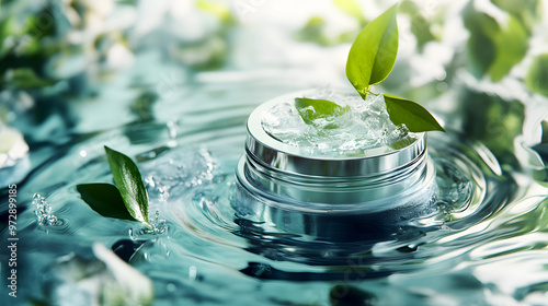 The moisturizer jar is set against a backdrop of fresh spring water, symbolizing its eco-friendly and natural beauty, with green leaves gently floating in the water photo