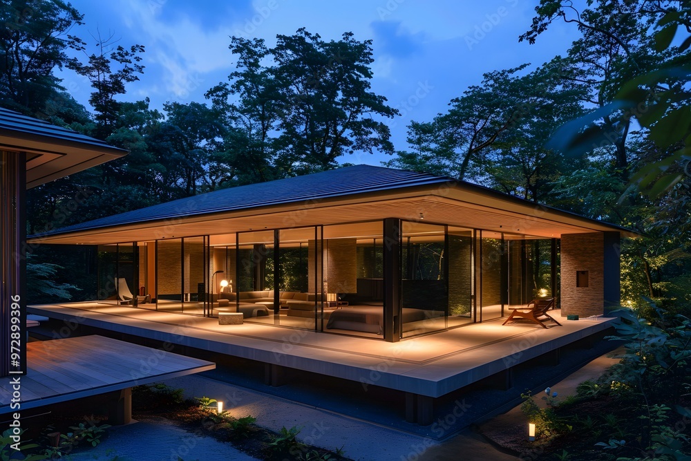 Modern House with Glass Walls in Forest at Night Modern House with Glass Walls in Forest at Night