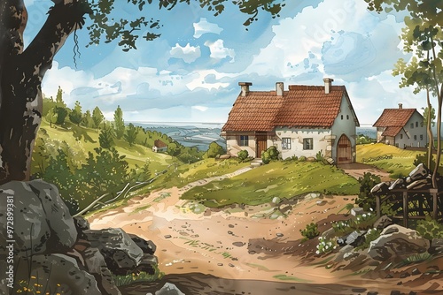 Watercolor Illustration of a Stone Cottage with a Red Roof