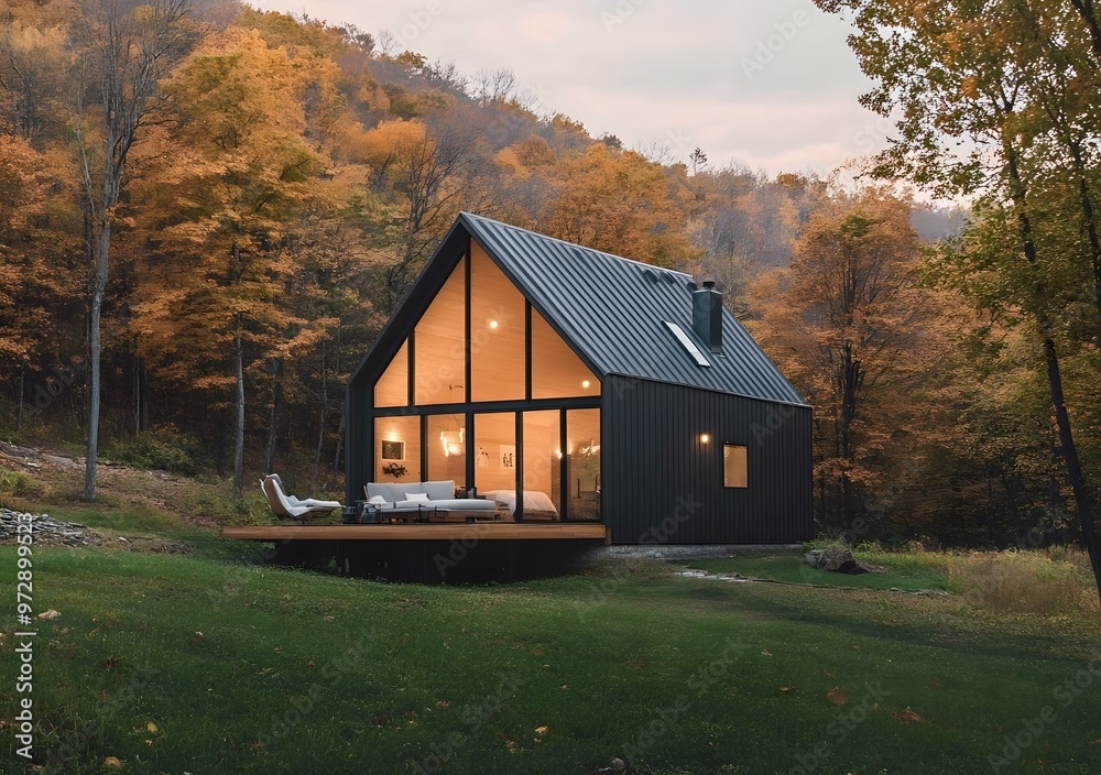 Fototapeta premium Modern Black Cabin in Autumn Forest