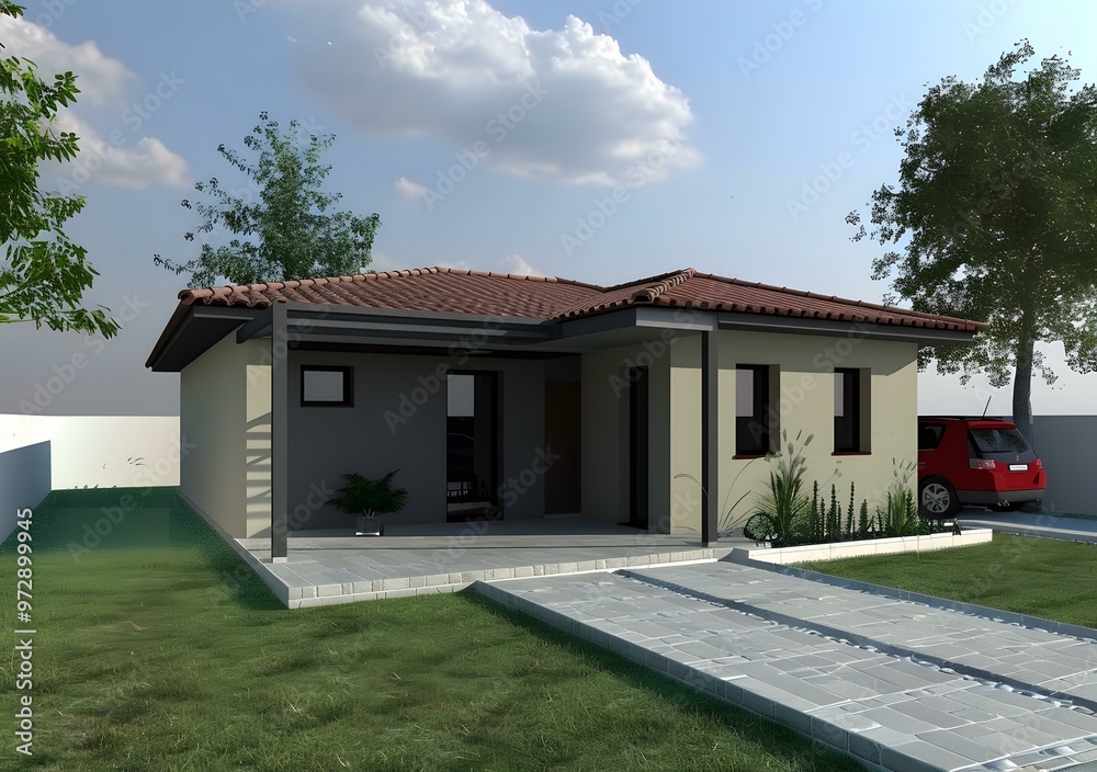 Modern House Design with Red Roof and Green Lawn Modern House Design with Red Roof and Green Lawn