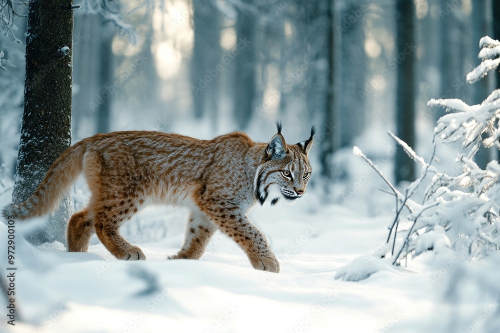 Obraz premium A Lynx Walking Through a Snowy Winter Forest