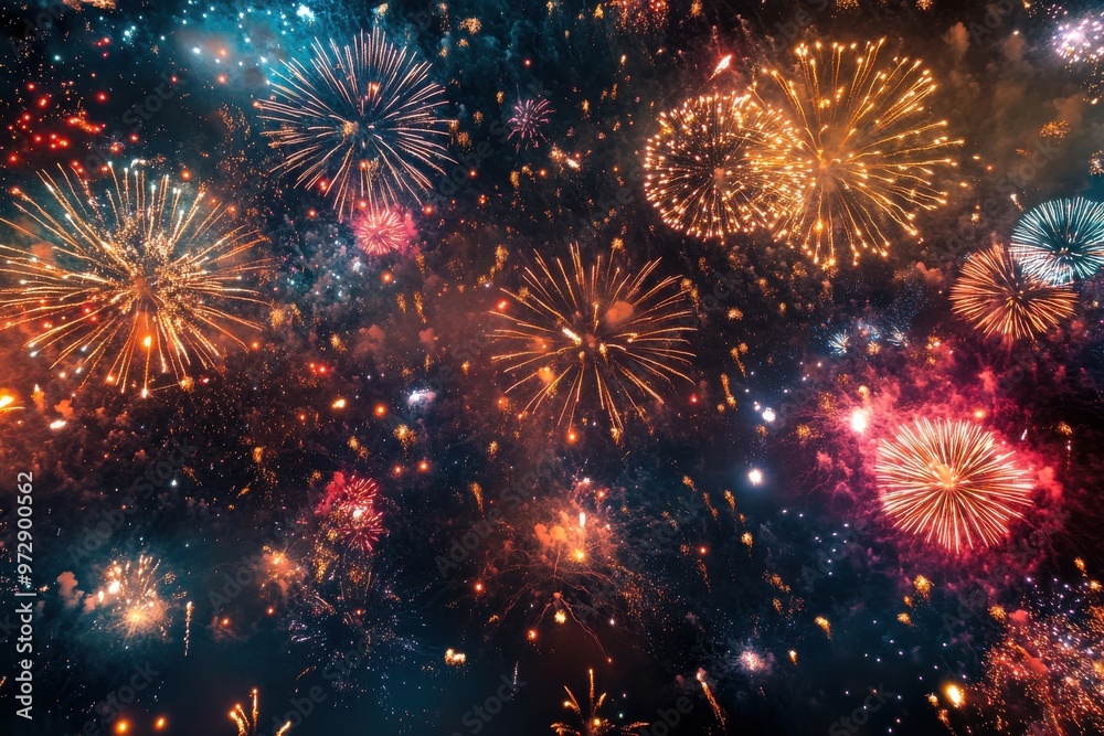 Fototapeta premium Vibrant pyrotechnics bursting in the evening sky shrouded in obscurity
