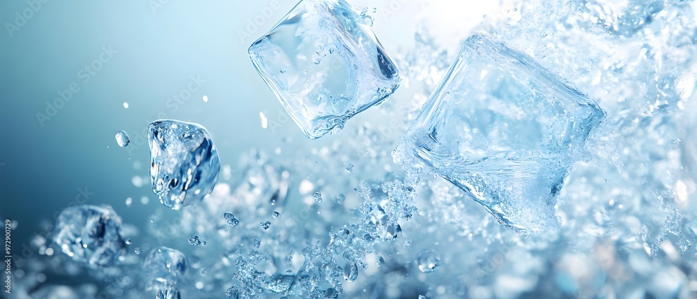 Close-up of ice cubes splashing in water, creating dynamic movement and a refreshing feel. Perfect for beverage and cooling themes. Close-up of ice cubes splashing in water, creating dynamic movement and a refreshing feel. Perfect for beverage and cooling themes.