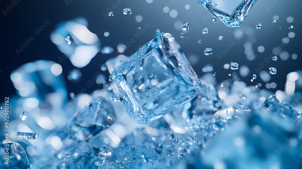 Close-up of melting ice cubes splashing in water, creating a refreshing and cool atmosphere, ideal for beverage and summer themes. Close-up of melting ice cubes splashing in water, creating a refreshing and cool atmosphere, ideal for beverage and summer themes.