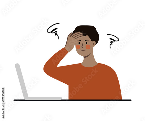 Busy tired man using laptop. Business, overwork, project deadline, depression, anxiety, burnout concept. Flat character vector illustration isolated on white background.
