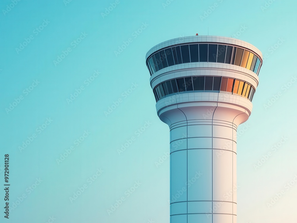 A futuristic airport control tower with intricate support beams, showcasing structural engineering innovation and sleek design