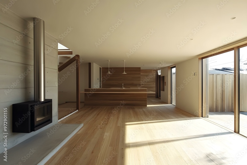 Fototapeta premium Modern Minimalist Living Room with Fireplace and Wooden Floor