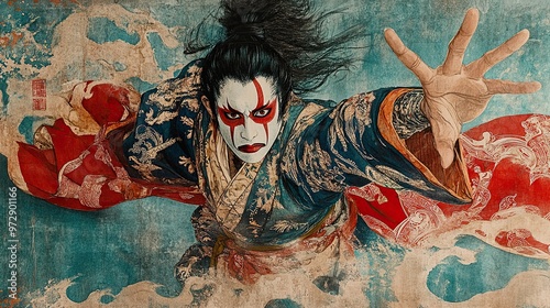 A dynamic Ukiyo-e scene of a kabuki actor striking a dramatic pose on stage, their costume and makeup meticulously detailed.