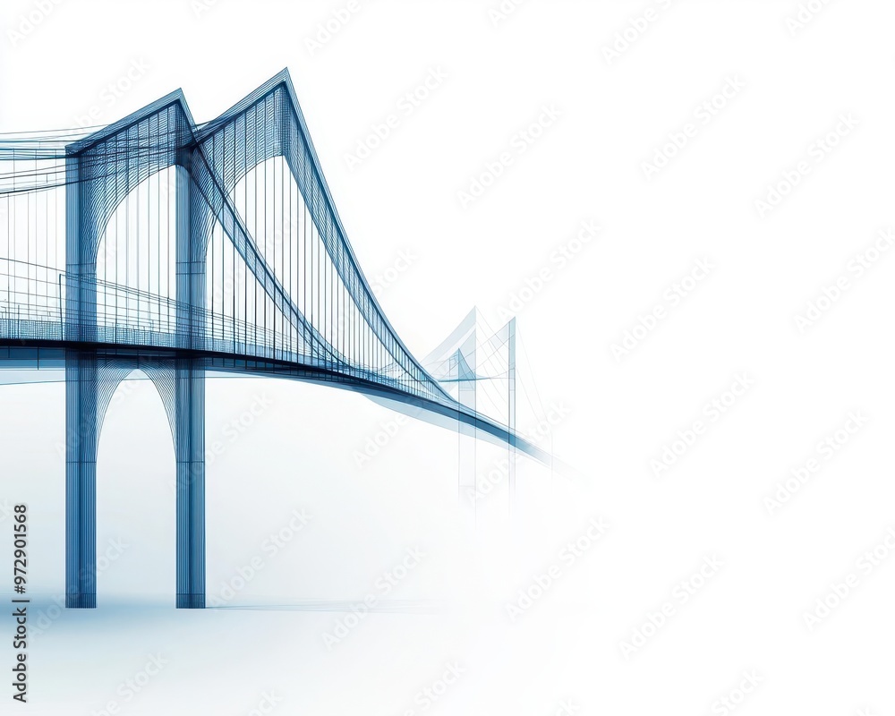 Fototapeta premium Conceptual blueprint of a next-generation suspension bridge, intricate details, showcasing engineering innovation, clean background
