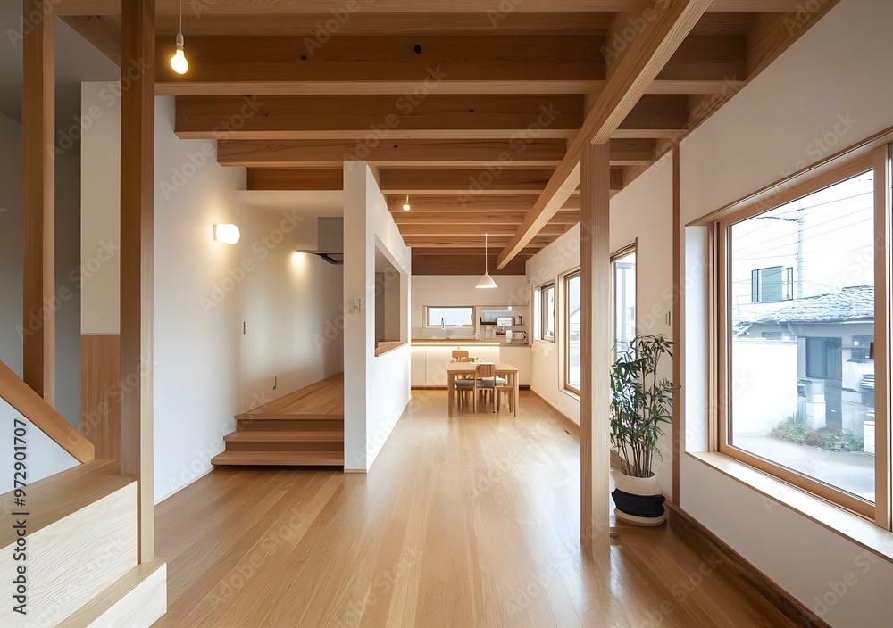 Modern Japanese House Interior Design with Wooden Beams and White Walls Modern Japanese House Interior Design with Wooden Beams and White Walls