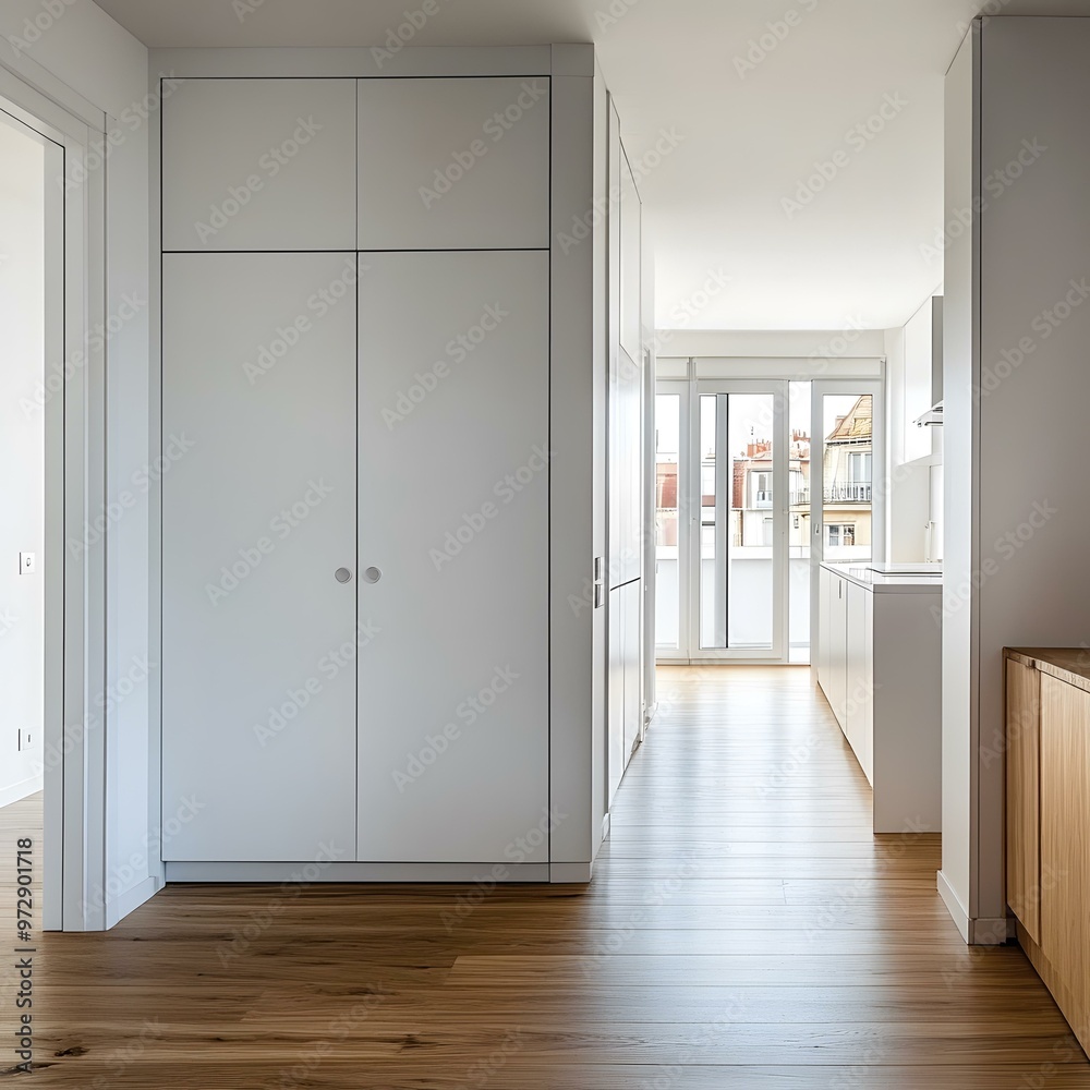 Fototapeta premium White Cabinet Doors and Hardwood Floor in Modern Kitchen Interior Design