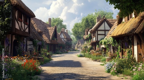 A quaint, sun-drenched street lined with charming, thatched-roof cottages.