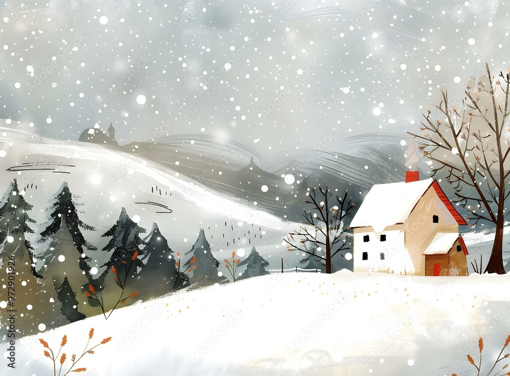 Naklejka premium Winter Landscape with a Small House Illustration