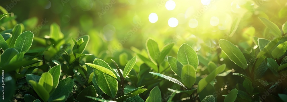 Lush Green Leaves Glimmering Under Morning Sunlight in a Natural Setting Lush Green Leaves Glimmering Under Morning Sunlight in a Natural Setting