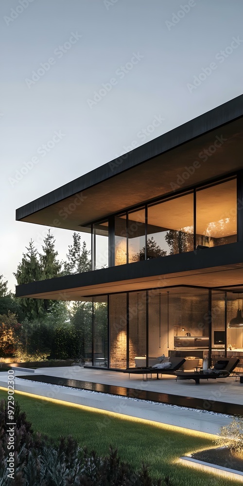 Fototapeta premium Modern Minimalist Home with Large Windows and Outdoor Patio