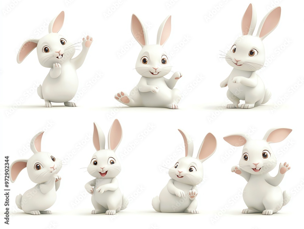 A collection of cute cartoon rabbits in various playful poses, perfect for children's media and springtime themes. A collection of cute cartoon rabbits in various playful poses, perfect for children's media and springtime themes.