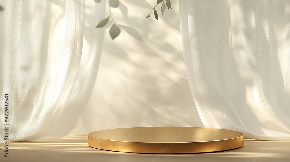 Elegant golden podium displayed on a beige surface, sheer white curtains drifting in the breeze as soft sunlight filters through. Leafy shadows create a natural frame in the background. Elegant golden podium displayed on a beige surface, sheer white curtains drifting in the breeze as soft sunlight filters through. Leafy shadows create a natural frame in the background.