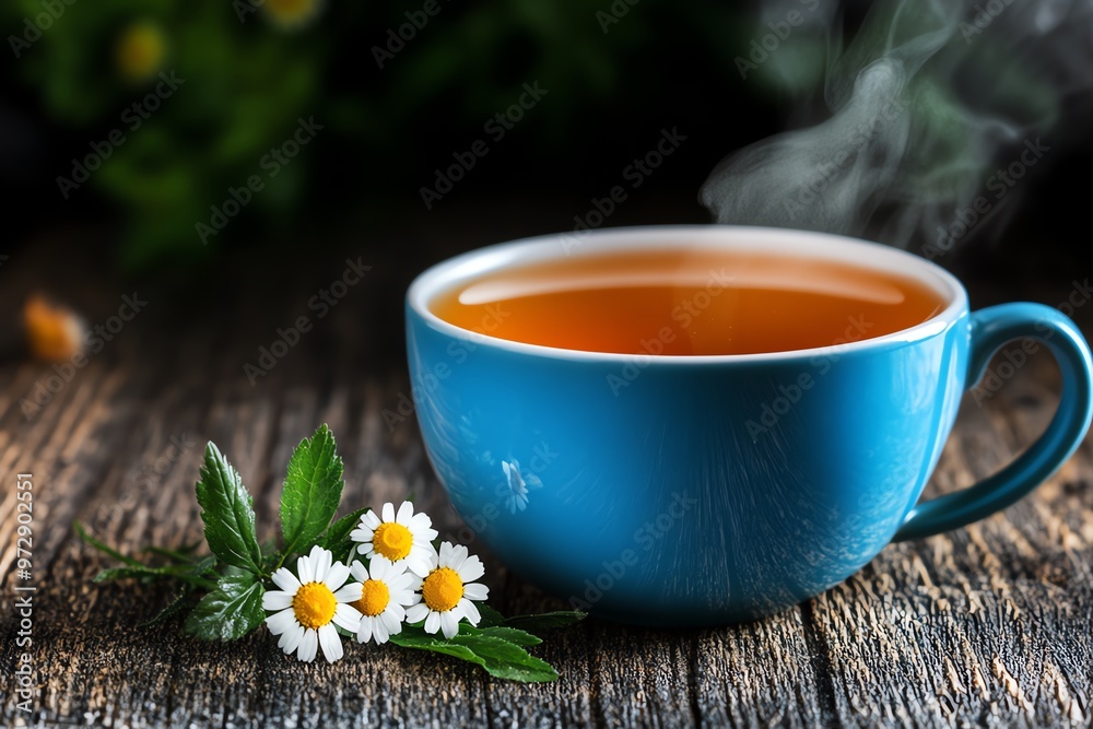 A soothing cup of chamomile tea, steam rising from the cup as it's placed on a rustic wooden table with a sprig of fresh chamomile beside it A soothing cup of chamomile tea, steam rising from the cup as it's placed on a rustic wooden table with a sprig of fresh chamomile beside it