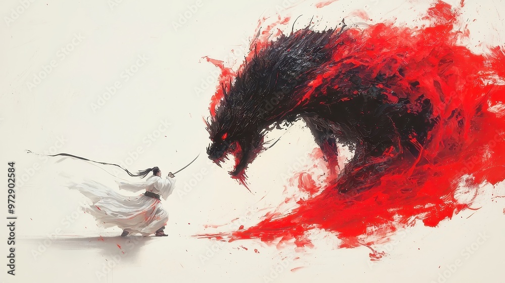 Epic Battle Against the Dark Underworld Lord, a dynamic Chinese brush painting depicting an intense clash of good versus evil, showcasing traditional artistry and vibrant energy. Epic Battle Against the Dark Underworld Lord, a dynamic Chinese brush painting depicting an intense clash of good versus evil, showcasing traditional artistry and vibrant energy.