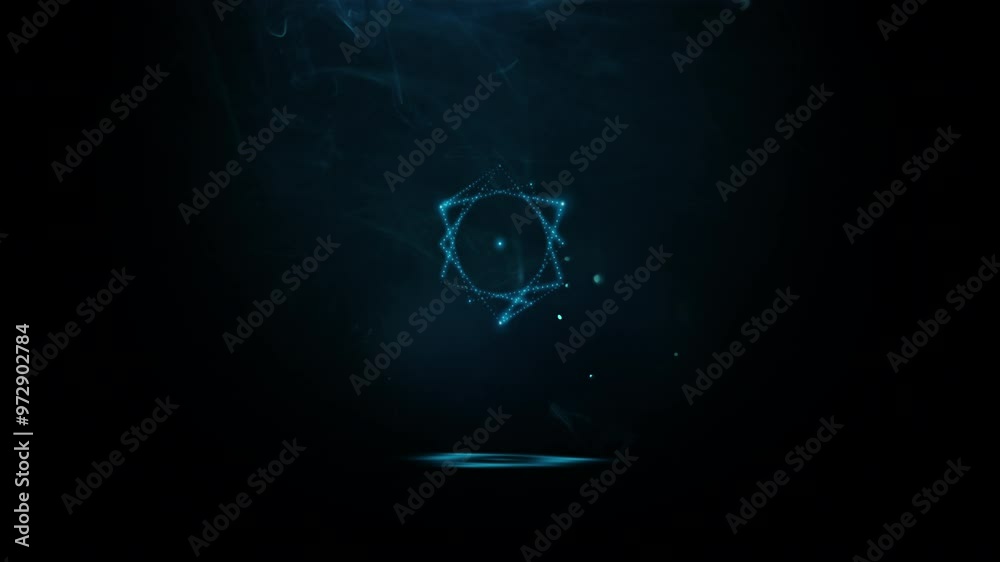 Metatron's glowing neon cube made up of many small blue flashing dots, bulbs, rotating in smoke and flying dust in the dark. Sacred geometry. 4k 3d looped animation.