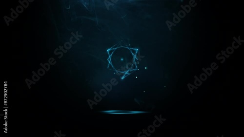 Metatron's glowing neon cube made up of many small blue flashing dots, bulbs, rotating in smoke and flying dust in the dark. Sacred geometry. 4k 3d looped animation.