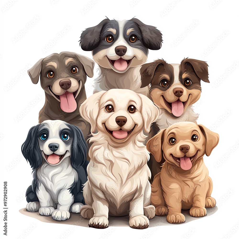 A cute illustration of six playful dogs in various colors, showcasing joy and companionship, perfect for pet lovers. A cute illustration of six playful dogs in various colors, showcasing joy and companionship, perfect for pet lovers.