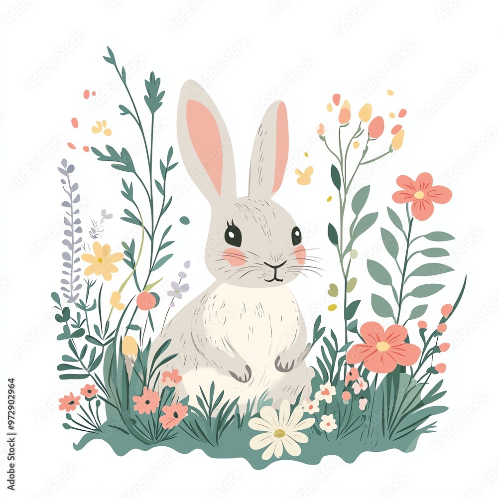 A cute rabbit surrounded by colorful flowers in a whimsical garden, perfect for adding charm to your design. A cute rabbit surrounded by colorful flowers in a whimsical garden, perfect for adding charm to your design.