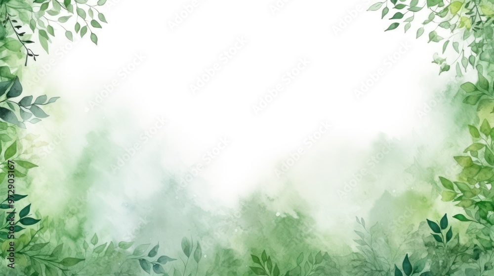 Serene Green Nature Background with Lush Foliage and Soft Mist. Rainy Spring Watercolor Frame Scene. Eco Concept and Tranquil Design Serene Green Nature Background with Lush Foliage and Soft Mist. Rainy Spring Watercolor Frame Scene. Eco Concept and Tranquil Design