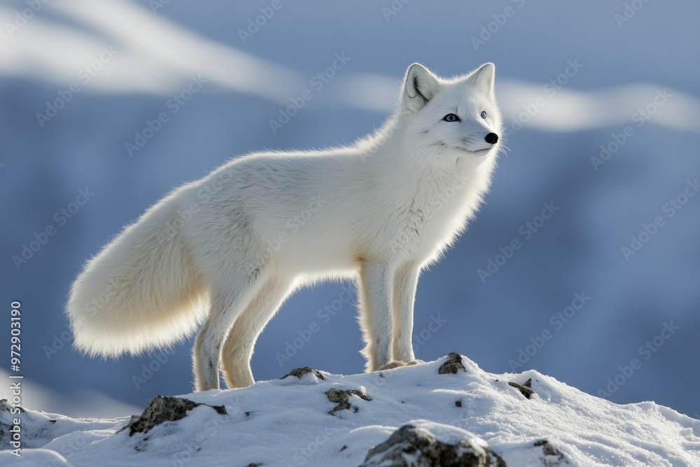 Obraz premium A White Arctic Fox Standing on a Snowy Mountain Peak