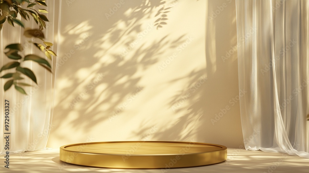 Golden circular podium bathed in natural light, with softly flowing sheer curtains and foliage shadows on the beige wall enhancing the display. Golden circular podium bathed in natural light, with softly flowing sheer curtains and foliage shadows on the beige wall enhancing the display.