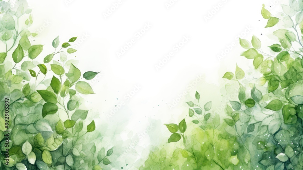 Serene Green Nature Background with Lush Foliage and Soft Mist. Rainy Spring Watercolor Frame Scene. Eco Concept and Tranquil Design Serene Green Nature Background with Lush Foliage and Soft Mist. Rainy Spring Watercolor Frame Scene. Eco Concept and Tranquil Design