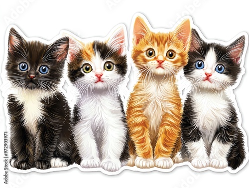 Adorable group of four kittens showcasing playful expressions and beautiful fur patterns, perfect for animal lovers and pet enthusiasts.