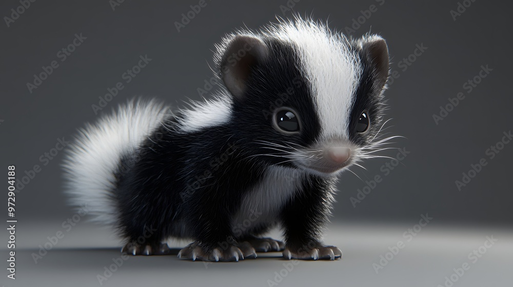 48. **3D render of a baby skunk with a fluffy tail and gentle eyes 48. **3D render of a baby skunk with a fluffy tail and gentle eyes