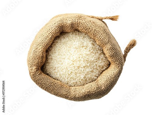 Top view of a burlap sack filled with white rice, isolated on white background. Perfect for food and agricultural themes. photo