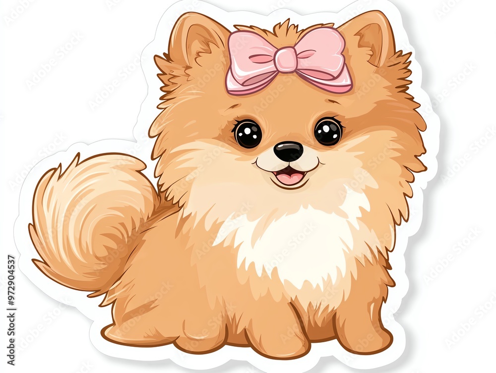 Fototapeta premium Cute cartoon pomeranian dog with a pink bow, ideal for pet lovers and children's illustrations.