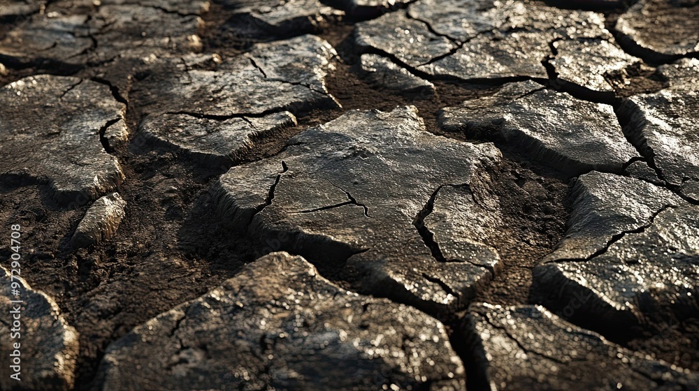 Fototapeta premium Close-up of Cracked and Sun-Glinted Dry Earth
