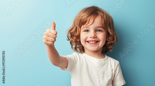 Happy child giving a thumbs up, beaming with a playful smile on a light blue background, radiating positivity and joy