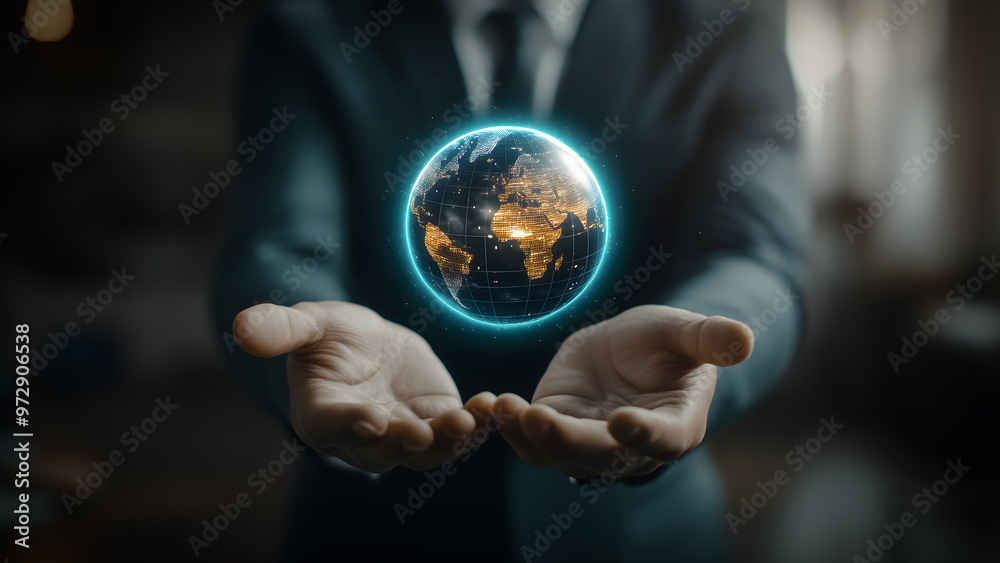 Fototapeta premium Businessman holding digital earth planet showing global business and worldwide technology concept