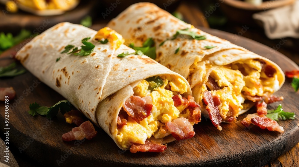 Hearty breakfast burritos filled with scrambled eggs, crispy bacon, and melted cheese, served on a rustic wooden plate for a delicious morning meal Hearty breakfast burritos filled with scrambled eggs, crispy bacon, and melted cheese, served on a rustic wooden plate for a delicious morning meal