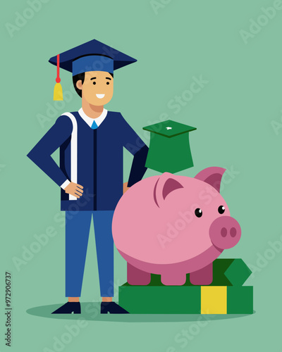 A recent college graduate begins saving for an emergency fund before paying off their student loans understanding the importance of having funds in case of unexpected job loss.. Vector illustration