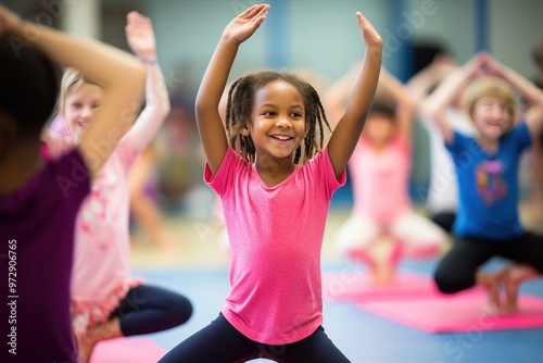 Joyful and happy children are actively engaged in a fun yoga class, enjoying their time together