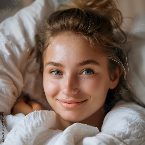 Happy Young Woman Relaxing in Bedroom after Wake Up
