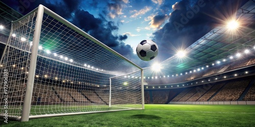 Soccer ball scoring a goal in a football stadium , soccer, ball, goal, net, stadium, victory, competition, sport, success, game