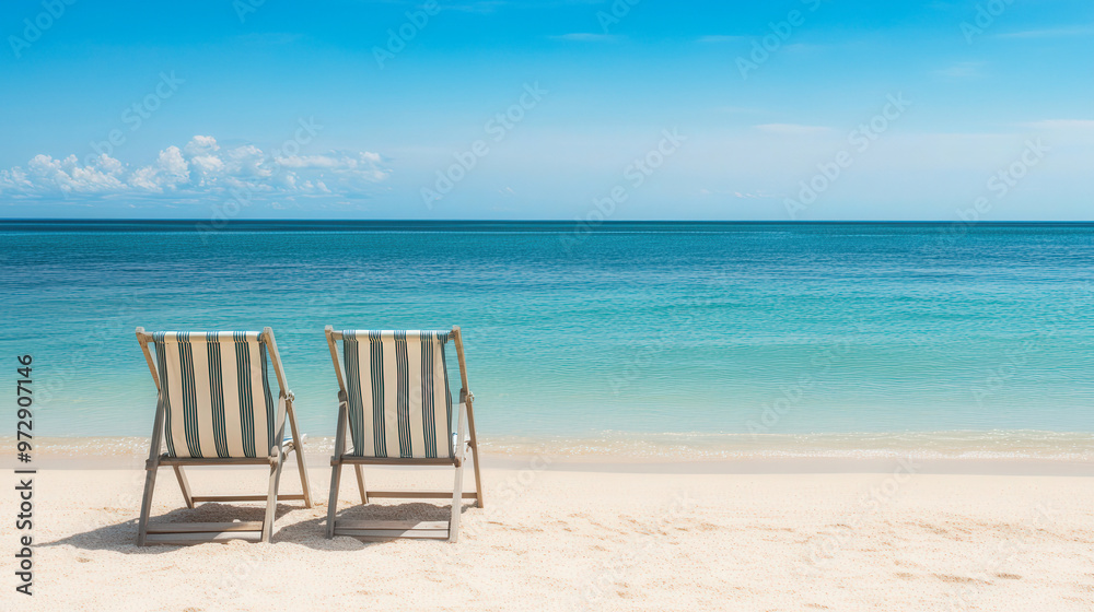 Beachfront Serenity, tranquil beach chairs overlooking a vast ocean, inviting atmosphere for relaxation, perfect for summer escapes, ample space for personal reflections Beachfront Serenity, tranquil beach chairs overlooking a vast ocean, inviting atmosphere for relaxation, perfect for summer escapes, ample space for personal reflections